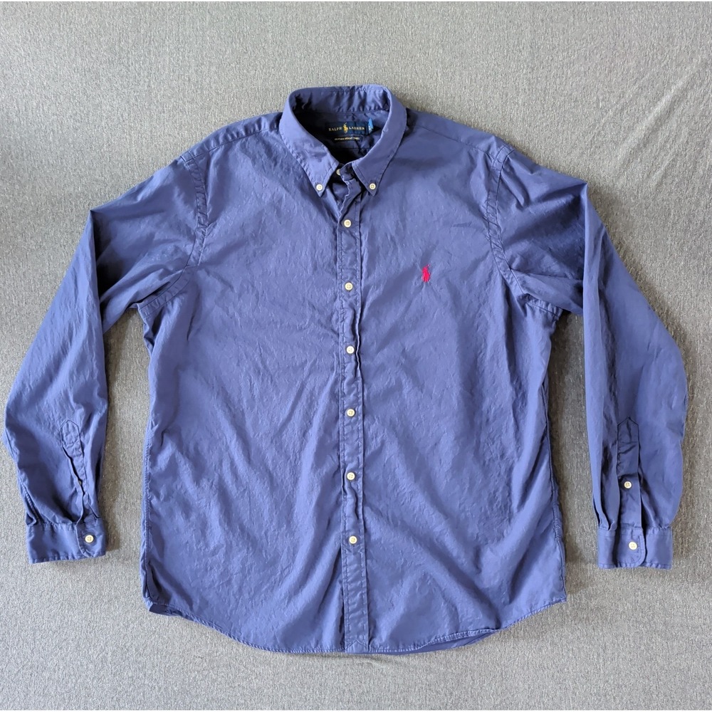 RALPH LAUREN Mens XL Feather Weight Twill LS Button Down Navy w/ Red Pony VGUC